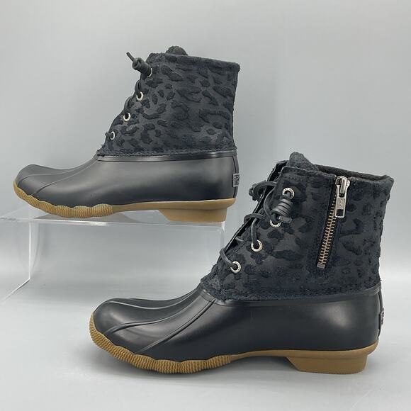 NEW Sperry Women’s Saltwater Cheetah Duck Boots Black Size 7.5 - Picture 2 of 10